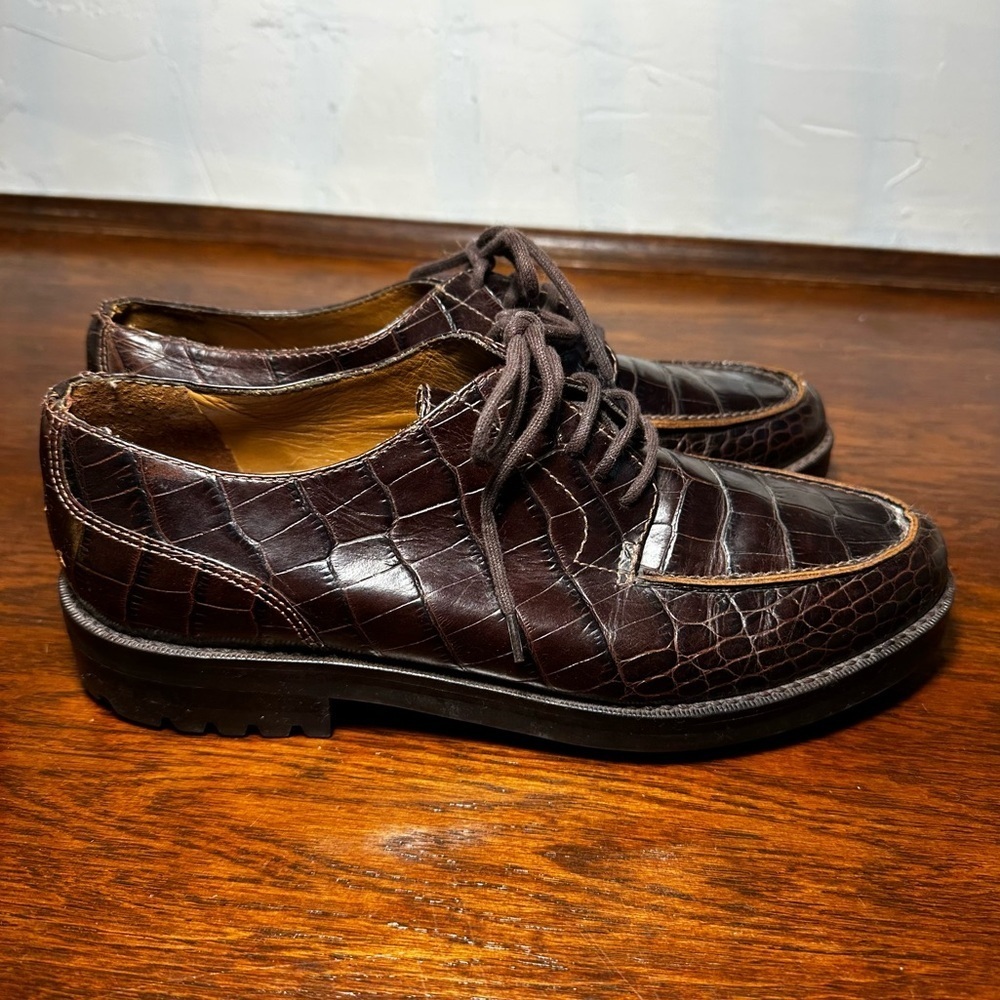 Vintage Ralph Lauren Brown Crocodile Embossed Leather Lug Sole Shoes Size 8.5